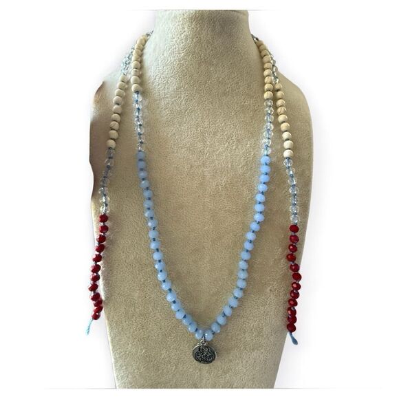 Colorful Beaded Necklace with Buddha Charm – 44” Long (New) - Picture 1 of 17